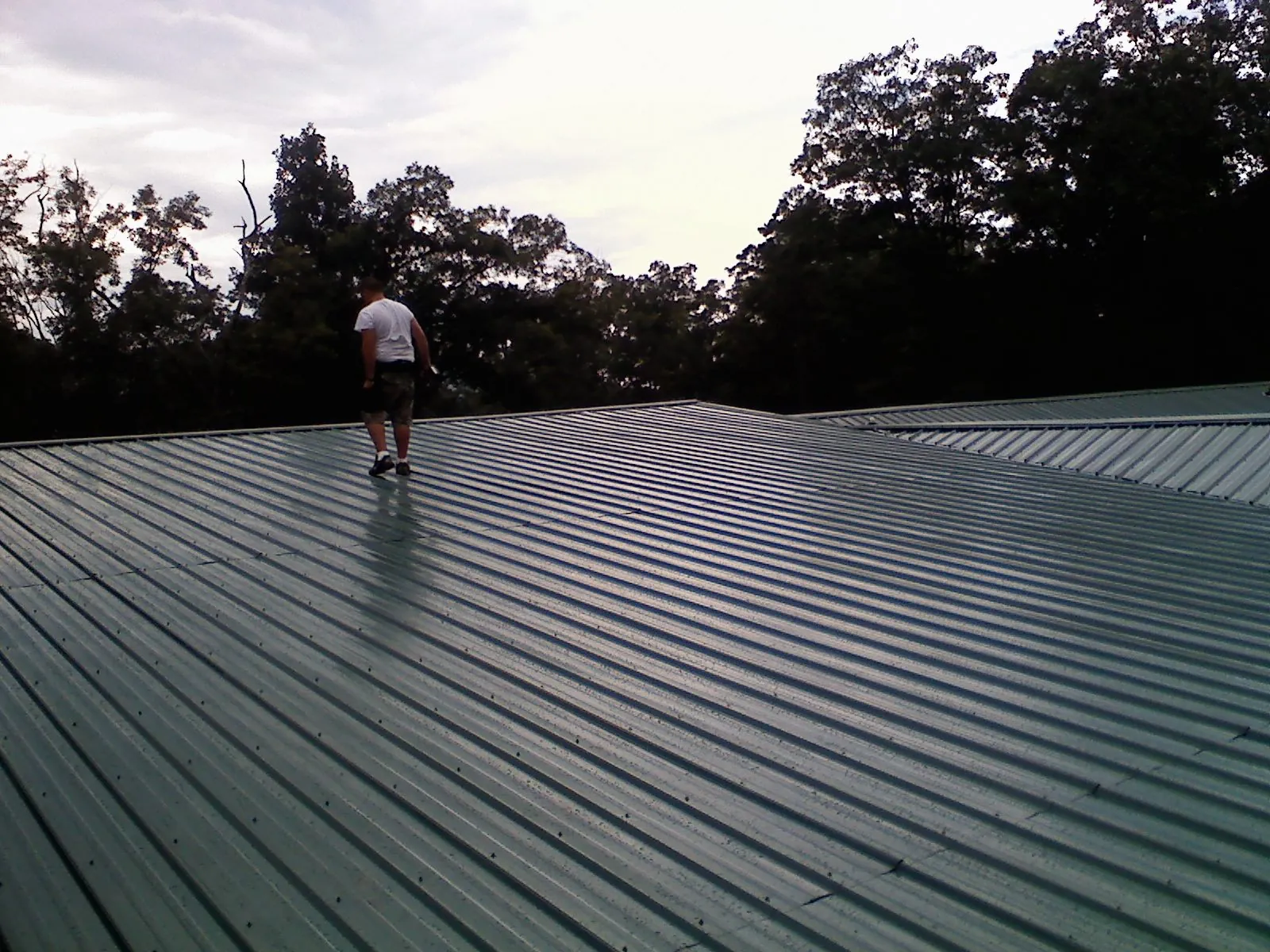 Roofer walking a wide expanse of new green metal roofing in Nederland